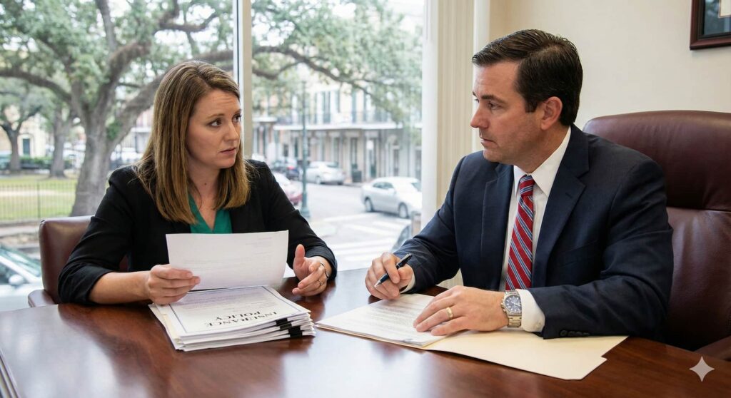 A Berniard Law Firm attorney reviews insurance policy documents with a client during a consultation about a coverage lapse dispute.